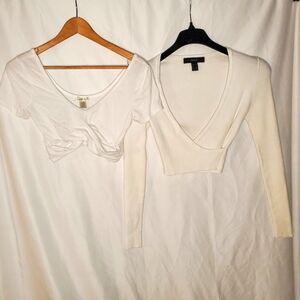Forever21 & Bozzolo White Crop Top Shirts Size Medium Twisted Front and Ribbed